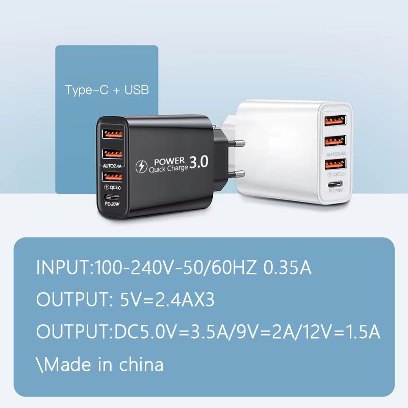 48W USB Charger QC 3.0 Type C PD Fast Charge for Iphone 12 13 Max Samsung S21 Huawei Xiaomi Mobile Phone EU/US Plug Wall Charger